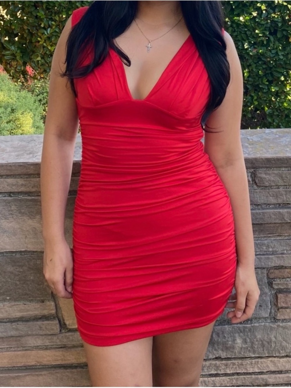 Source Unknown Red Ruched V-Neck Mini Dress